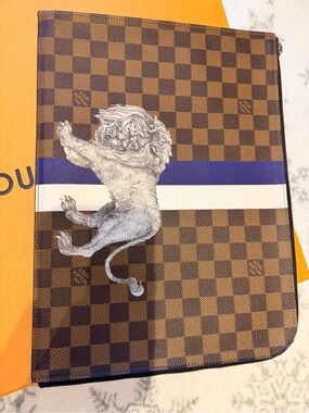 Louis Vuitton Brown Check Pouch with Lion Motif and Blue-White Stripe